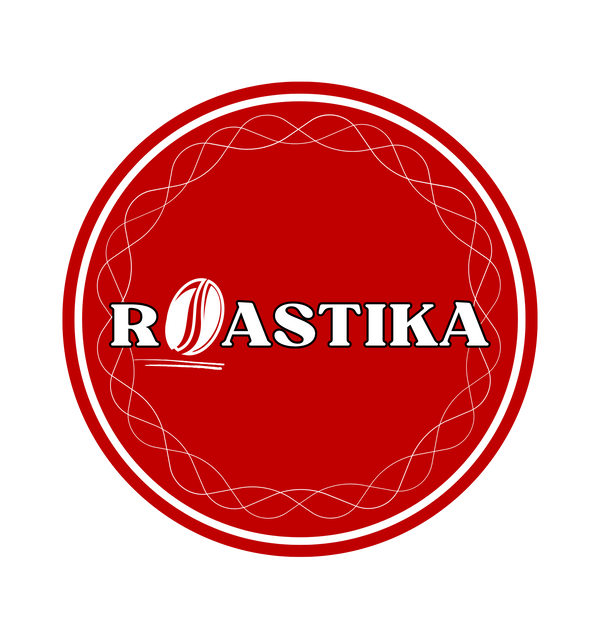 Roastika logo on a red background