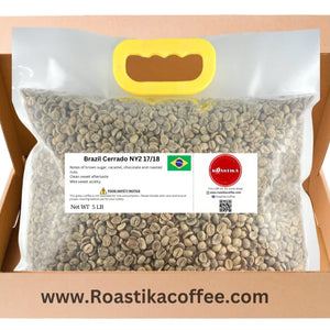 Bag of Roastika premium green coffee beans in a box, Brazil Cerrado variety, 5 lb label visible.