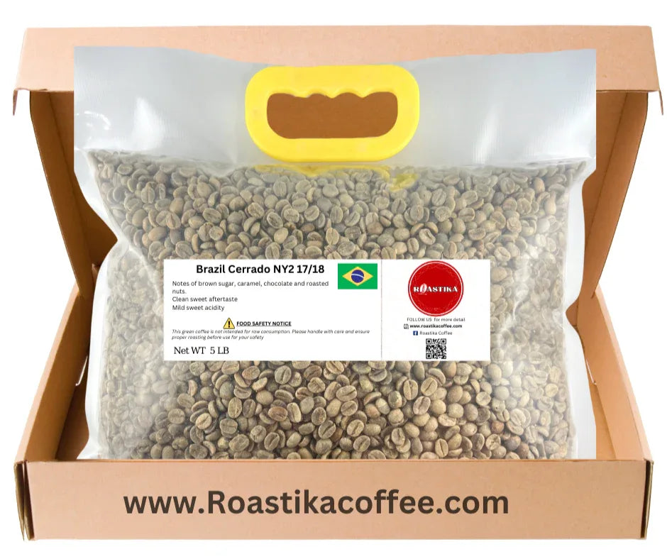 Bag of Roastika premium green coffee beans in a box, Brazil Cerrado variety, 5 lb label visible.
