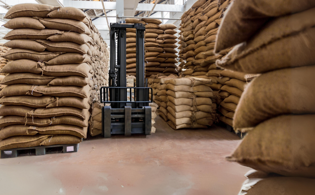 biggest coffee warehouse with stacked burlap sacks